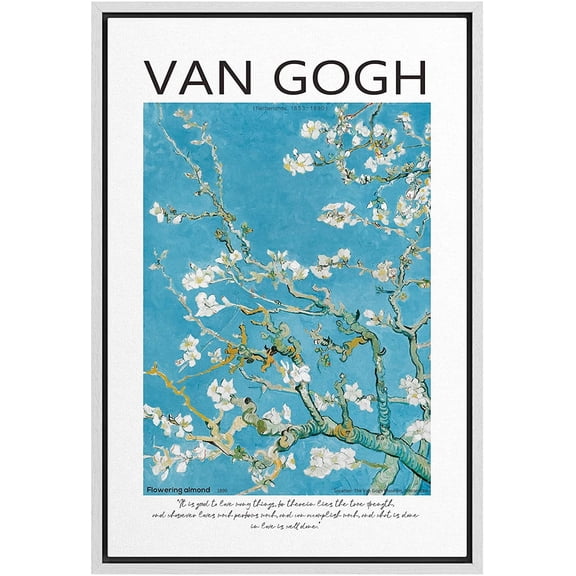 PixonSign Framed Canvas Print Wall Art Vincent Van Gogh Flowering Almond Blossoms Classic Vintage Illustrations Fine Art Decorative Multicolor for Living Room, Bedroom, Office - 24"x36" WHITE
