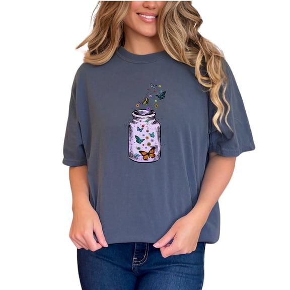Butterfly Jar T-Shirt, Colorful Butterfly Graphic Tee, Cute Floral Design Shirt, Artistic Jar Print Top, Nature Inspired Clothing, Denim Comfort Colors T-Shirt, Small
