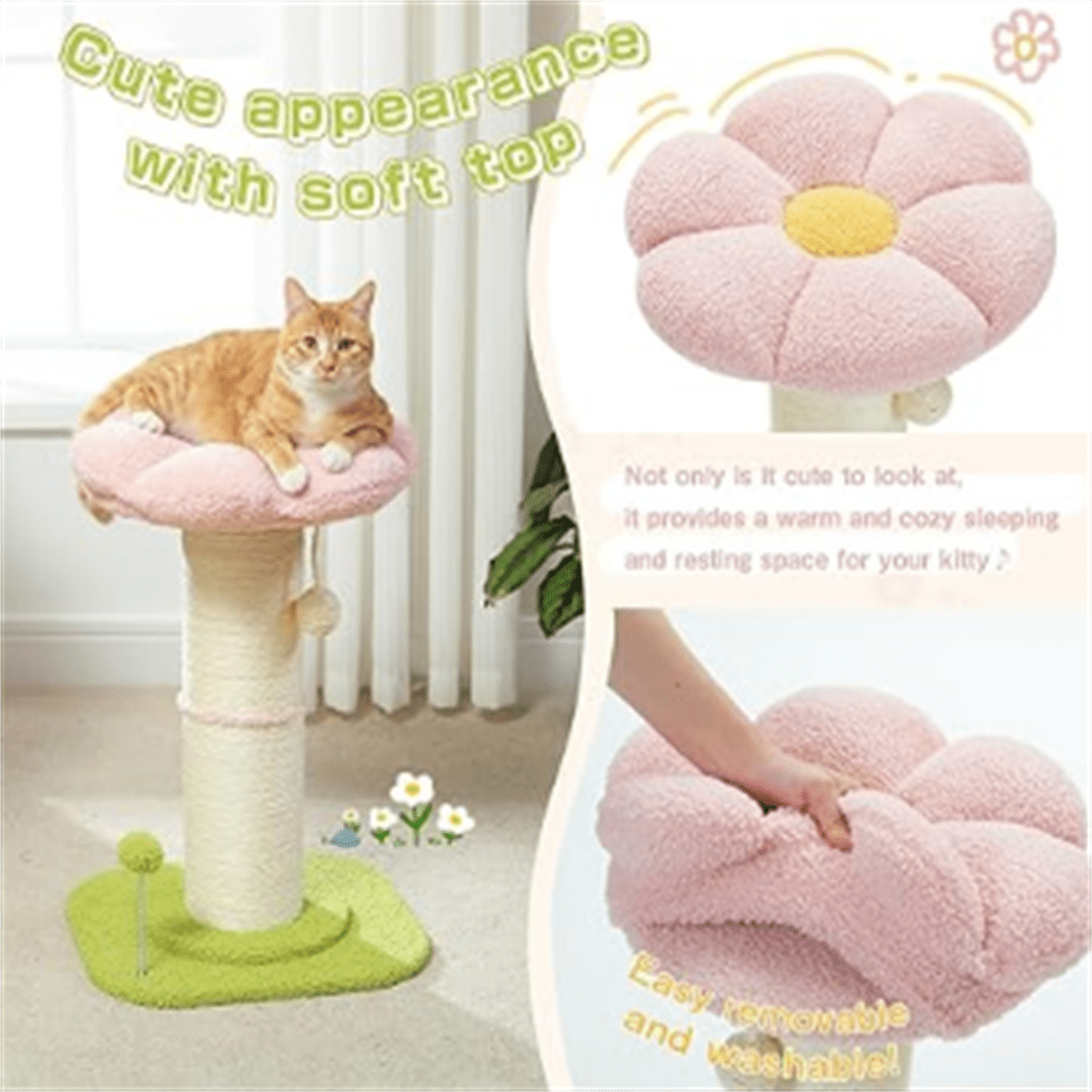Cat Scratching Post Pink Flower Thick Post for Indoor Cats
