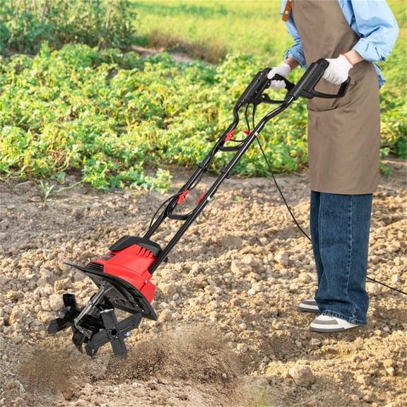 10 Amp Electric Tiller - 1200W Garden Cultivator with 4 Blades 14" Working Width & 9" Depth 380 RPM Foldable Handle & Safety Switch Corded Soil Tiller for Home Gardening