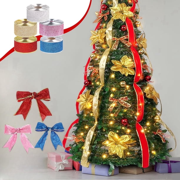 Xihbxyly Juego de Cintas Navideñas con Purpurina Metálica y Bordes de Alambre para Manualidades, Envoltura de Regalos y Decoración de Árboles. Rojo, Dorado, Plateado, Rosa y Azul. 5 Rollos de 10 M de