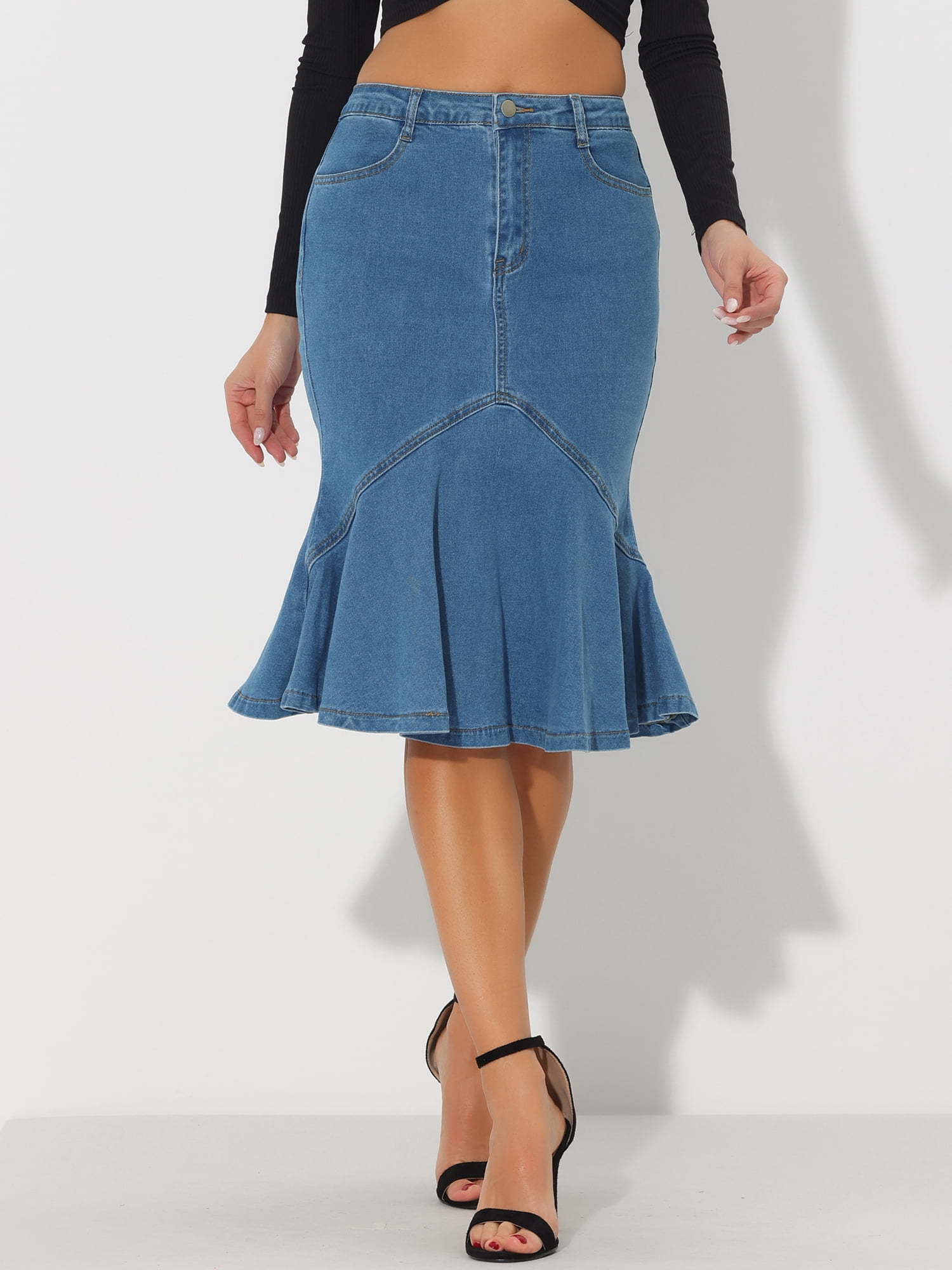 DARING DIVA Women's Denim Jean Bodycon Ruffles Fishtail Skirts L Sky Blue