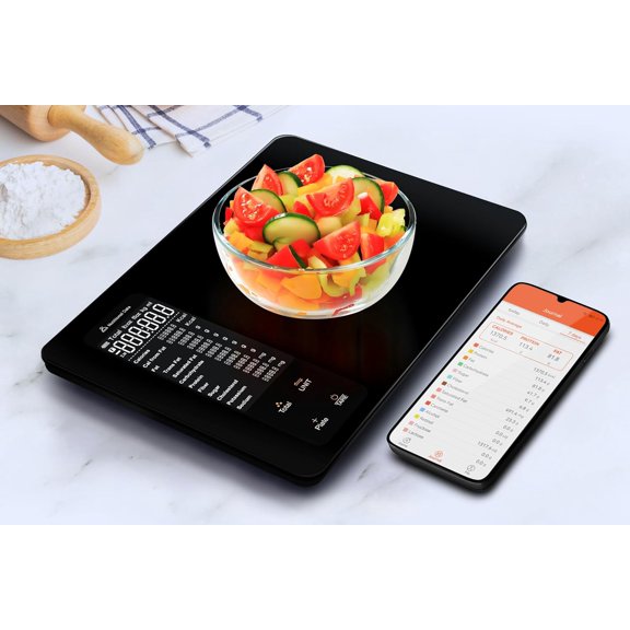 B-Qtech Smart Food Scale with Nutritional Calculator, Digital Kitchen Scale for Weight Loss, Calorie Tracker, 22lb Capacity, Meal Prep (Black)