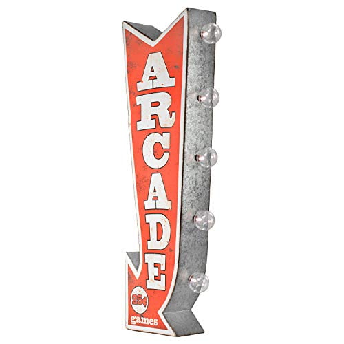 Arcade Reproduction Vintage Advertising Sign - Battery Powered LED Lights, Double Sided Metal Wall Mounted - 25 x 10 x 3 inches