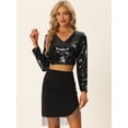 thumbnail image 4 of Top Corto con Lentejuelas para Mujer de Manga Larga con Cuello en V Blusa Corta de Color Brillante para Fiestas Negro M, 4 of 5