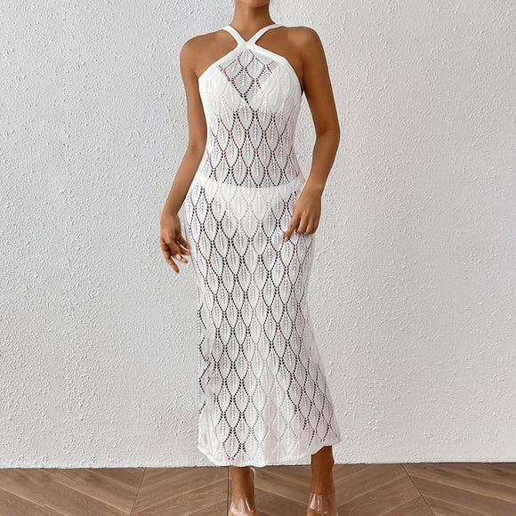 Nuoqisi Womens Crochet Knit Sheer Beach Dresses Summer 2026 Hollow Out Crew Neck Side Slit Bathing Suit Cover Up Midi Dress