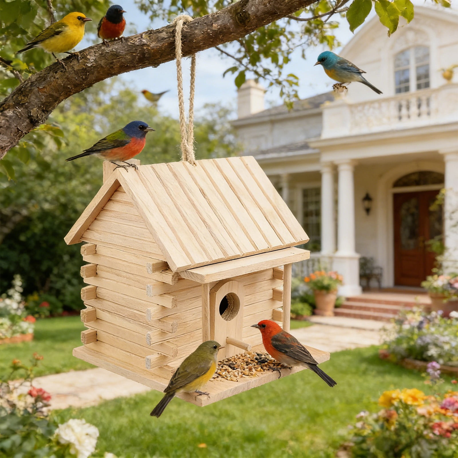 Wooden Bird House and Feeder for Outside Hanging Outdoor Bird Nest Box for Courtyard Garden DIY Paintable Graffiti Birdhouse for Parrots and Wild Birds