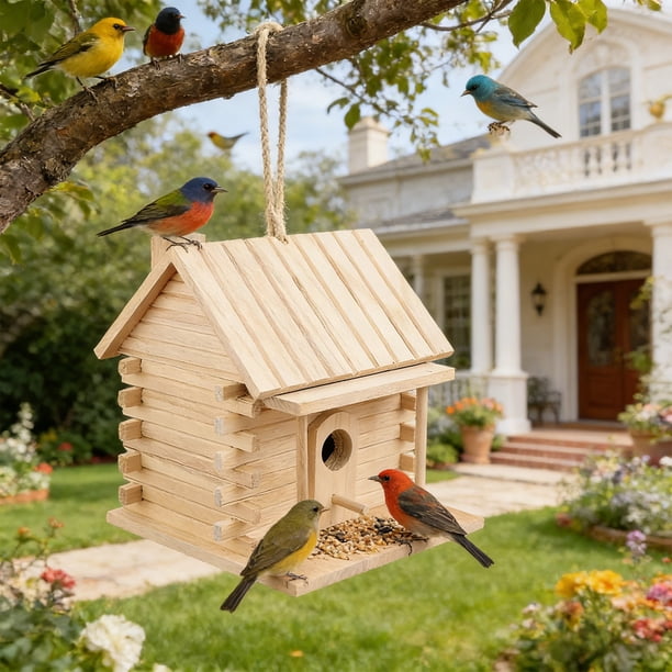 Casa de madera y comedero para exteriores, nido colgante para el jardín del patio, cría de loros y aves salvajes, diseño de grafitis DIY pintable