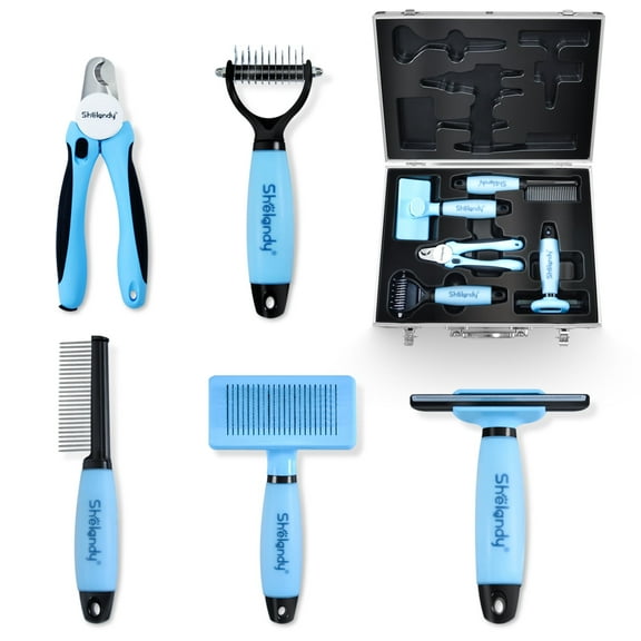 SHELANDY Groomer Partner Pet Grooming Kit, 5-Piece Set with Aluminum Case, Includes Slicker Brush, Undercoat Rake, DeShedding Tool, Flea Comb, Nail Clipper