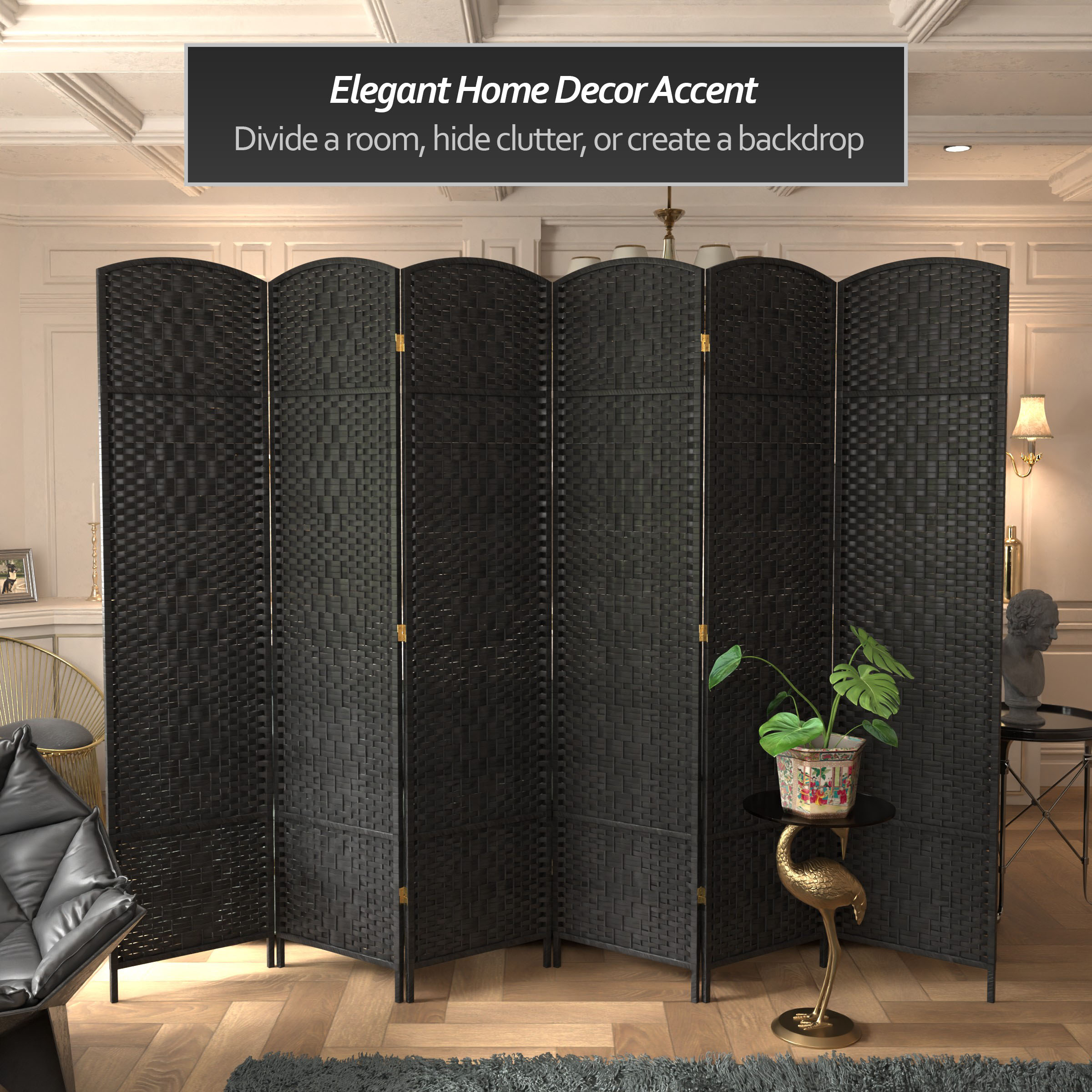 7 ft. Tall Rattan Fiber Diamond Weave Privacy Screen Room Divider - Black - 6 Panels