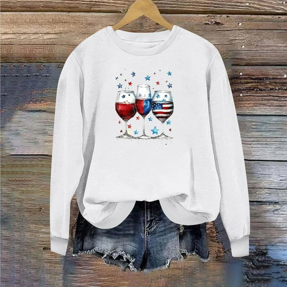 QUNYINEY Long Sleeve Sweatshirt for Women Casual Independence Day Sweatshirts Patriotic Workout Pullover Loose Crewneck Tops
