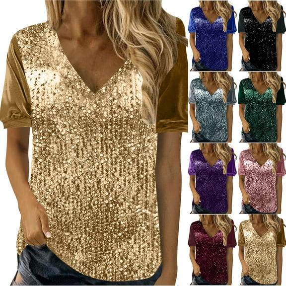 Otntypg Women Sequin Tops Dressy Casual Summer Puff Short Sleeve V Neck Retro Velvet Patchwork Tunic Blouse Loose Fit Oversized Shirts for Evening Party Black XL