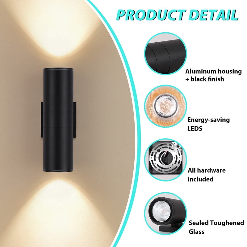 HKMGT Modern Black LED Outdoor Wall Light Hard-Wired 12W, Waterproof Aluminum Up Down Sconce for Porch Patio (8-pack)