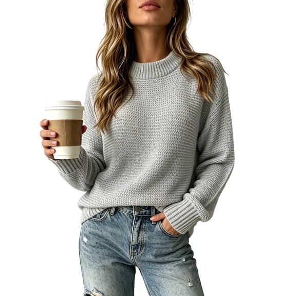 Edvintorg Sweaters for Women Loose Knit Sweater Long Sleeve Crew Neck Casual Pullover Top Plus Size Fashion Women Clothes Gray M