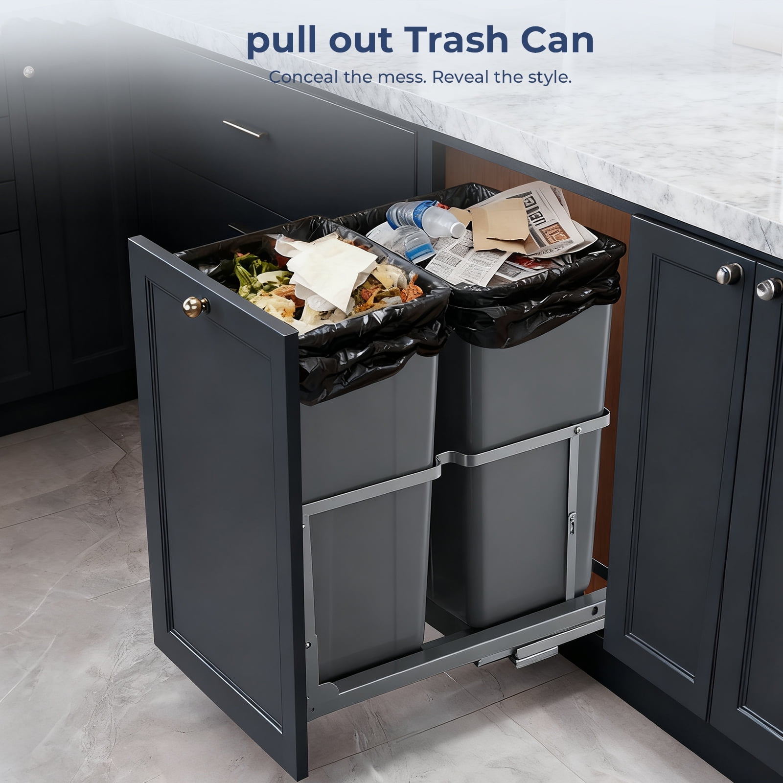 FOHERE Pullout Trash Cans for Under Kitchen Cabinets, 35*2 Quart with Soft-Close Slides, Heavy Duty Garbage Recycling Bin for Kitchen Cabinet