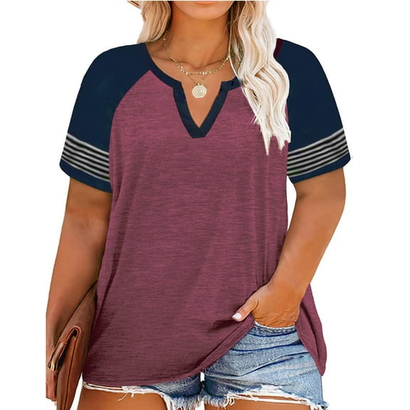 Vergoodr Womens Plus-Size Tops Raglan V Neck T Shirts Striped Short Sleeve Tunics