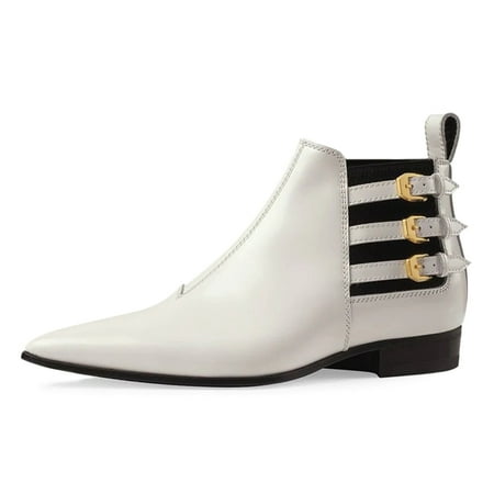 YDN Women Triple Straps Buckle Pointed Toe Flats Ankle Boots Elastic Pull On Low Heel Booties Formal Work Daily Shoes Size 10 White