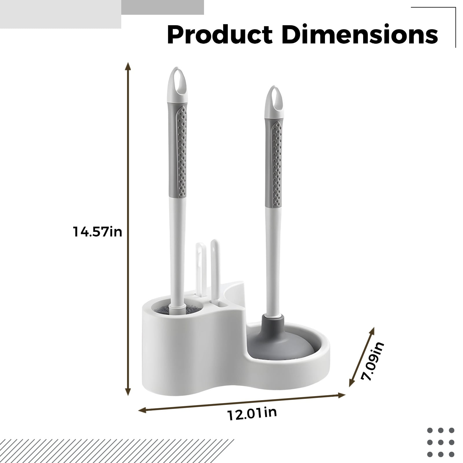 4 in 1 Toilet Bowl Brush And Plunger Set, Plastic, Wall Mount, 14.6 in, White & Gray, Toilet Brush Set for Bathroom, Toilet Brush and Holder Set, Space Saving