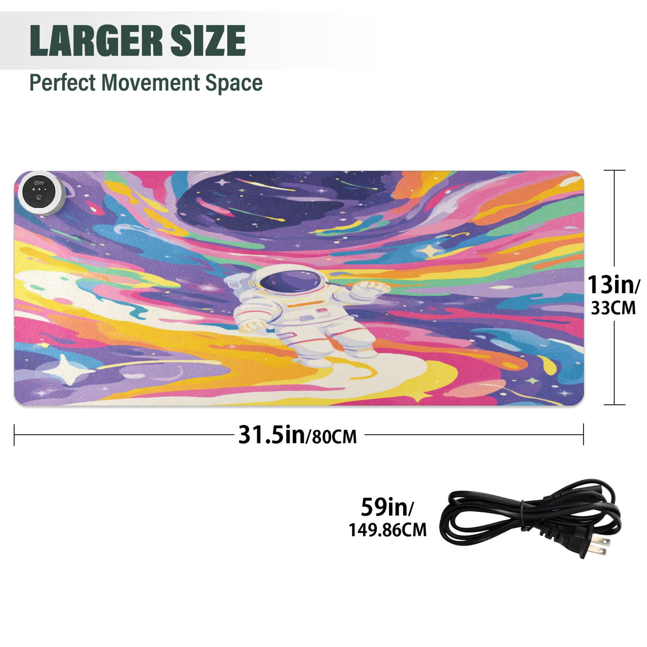 Large Heated Desk Mat Mouse Pad 31.5"x13"PU Leather Graphene Heating Desk Warmer with 3 Temperature Settings 110V US Plug Non-Slip Warm Pad for Home, Office, and Gaming Neon Swirl Astronaut Print