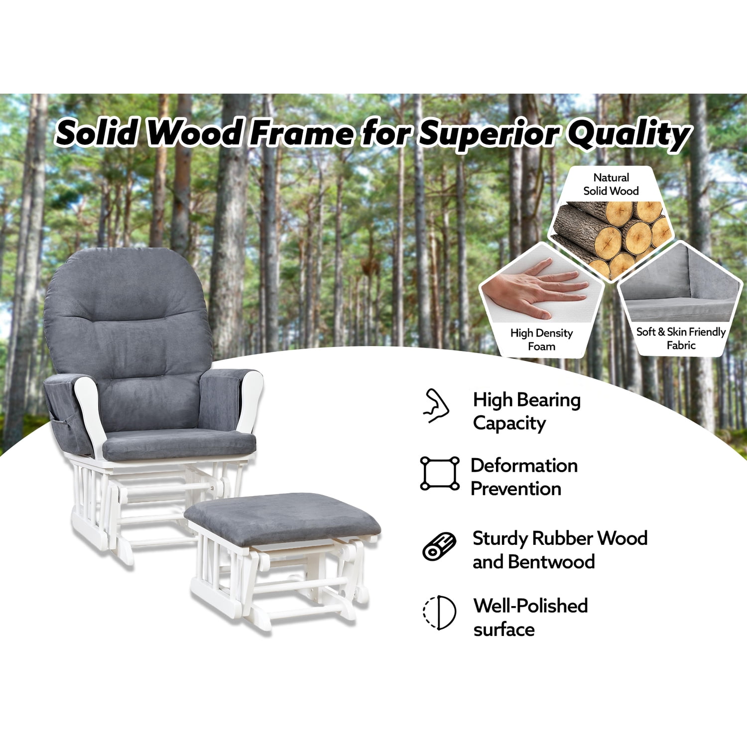 Nursery Glider & Ottoman Sets, Reclining Swivel Glider Rocker with Ottoman, Nursery Rocking Chair for Baby Room, Upholstered Nursery Recliner Glider with Ottoman, Padded Arms - Dark Gray, White