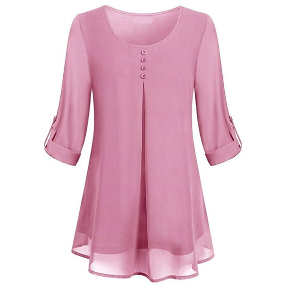 Women Chiffon Shirts Workwear 3/4 Cuffed Sleeve Tunic Tops Casual Office Crew Neck Plain Flowy Blouses Shirt