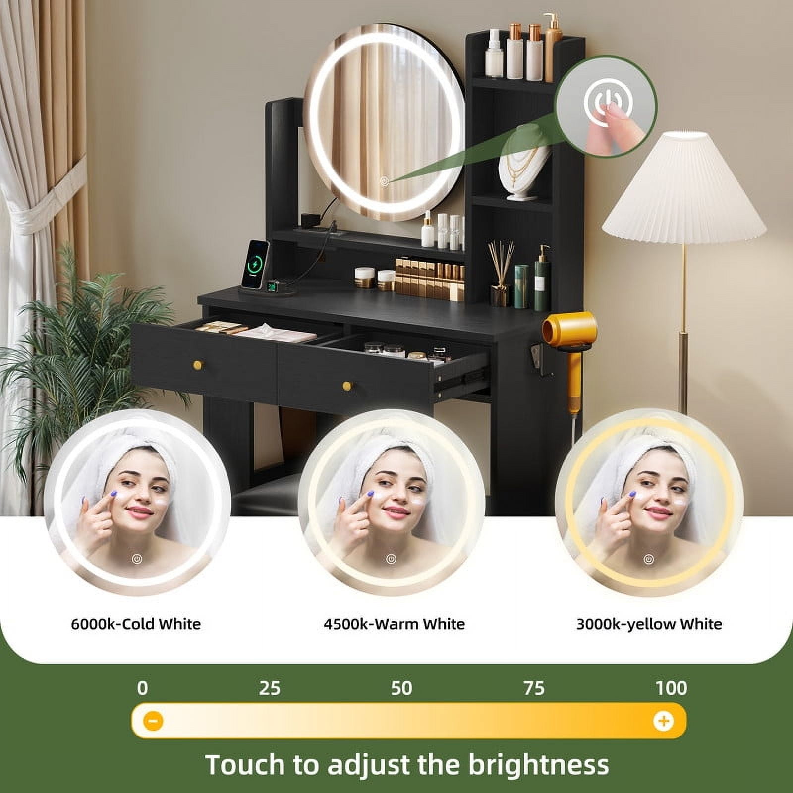 Uforic Makeup Vanity Desk with Lighted Mirror & Charging Station, Makeup Vanity Table Set with 2 Drawers, Small Dressing Table with Cushioned Stool for Girls Bedroom, Black