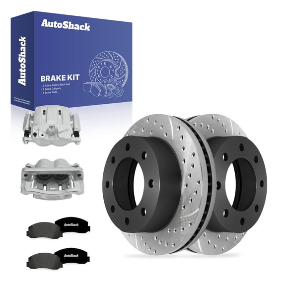 AutoShack Front Vented Drilled & Slotted E-Coated Brake Rotors   Premium Ceramic Pads   Calipers 8-PC Brake Kit Replacement for 2012 Ford F-250 Super Duty ShadowGuard 13.65" (346.8 mm)