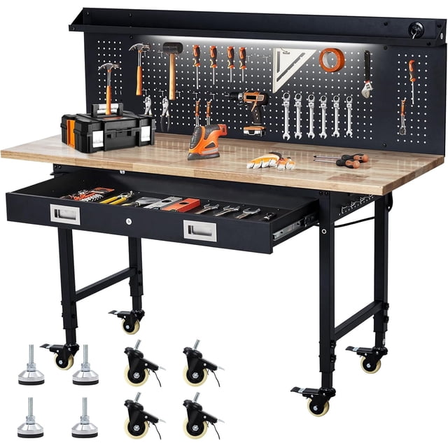 YUSAZENS 60 x 22 x 1.2 Inch Garage Workbench, Rubber Wood Desktop Cold Rolled Steel Frame, 9FT Power Strip with Drawer Back Panel LED Light Black