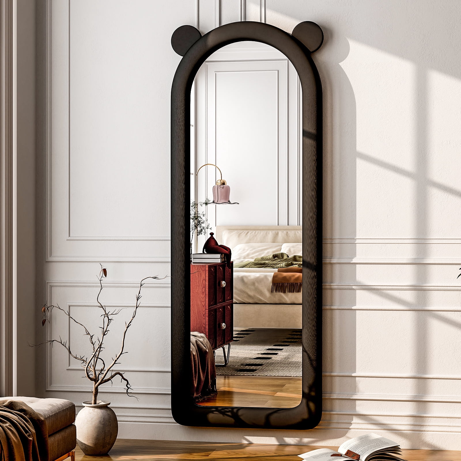 Puremirror 63"x24" Arched Full Length Mirror Standing Floor Mirror with Flannel Frame, Black