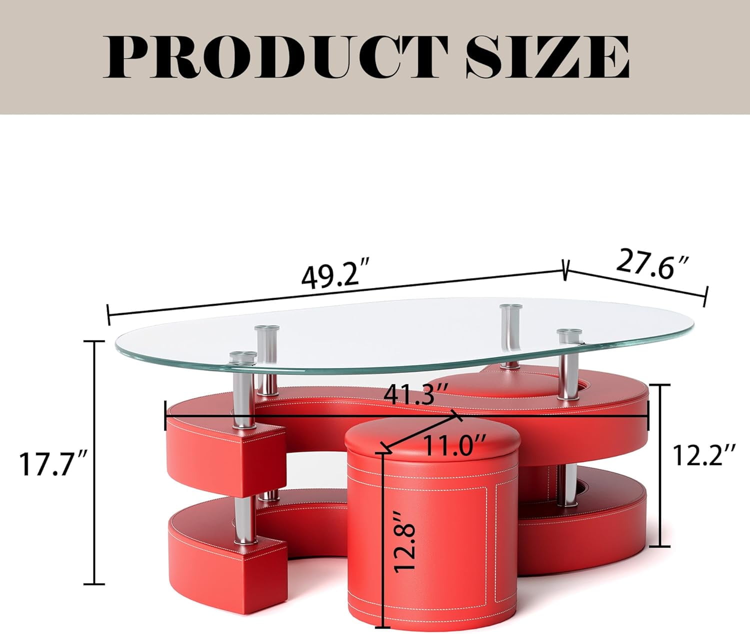 3 Pieces Coffee Table Set, 0.39" Tempered Glass Top and S Shape Base, Oval Modern Coffee Table with 2 Leather Stools, Accent Coffee Table for Living Room Bedroom