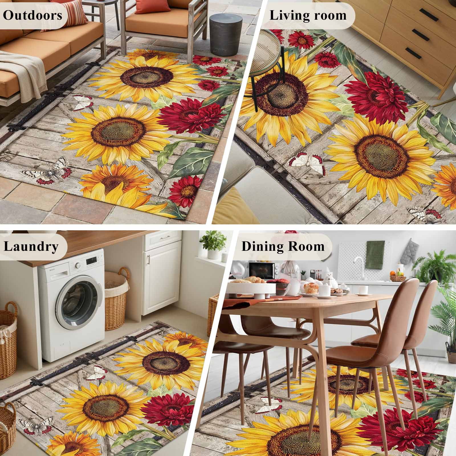 Rectangle Area Rugs 4 x 6 Ft, Sunflowers Non-Slip Residential Carpet, Retro Flower Barn Doors Butterfly Farmhouse Brown Indoor Crawling Mats Runner Rugs for Living Room/Dining Room/Bedroom