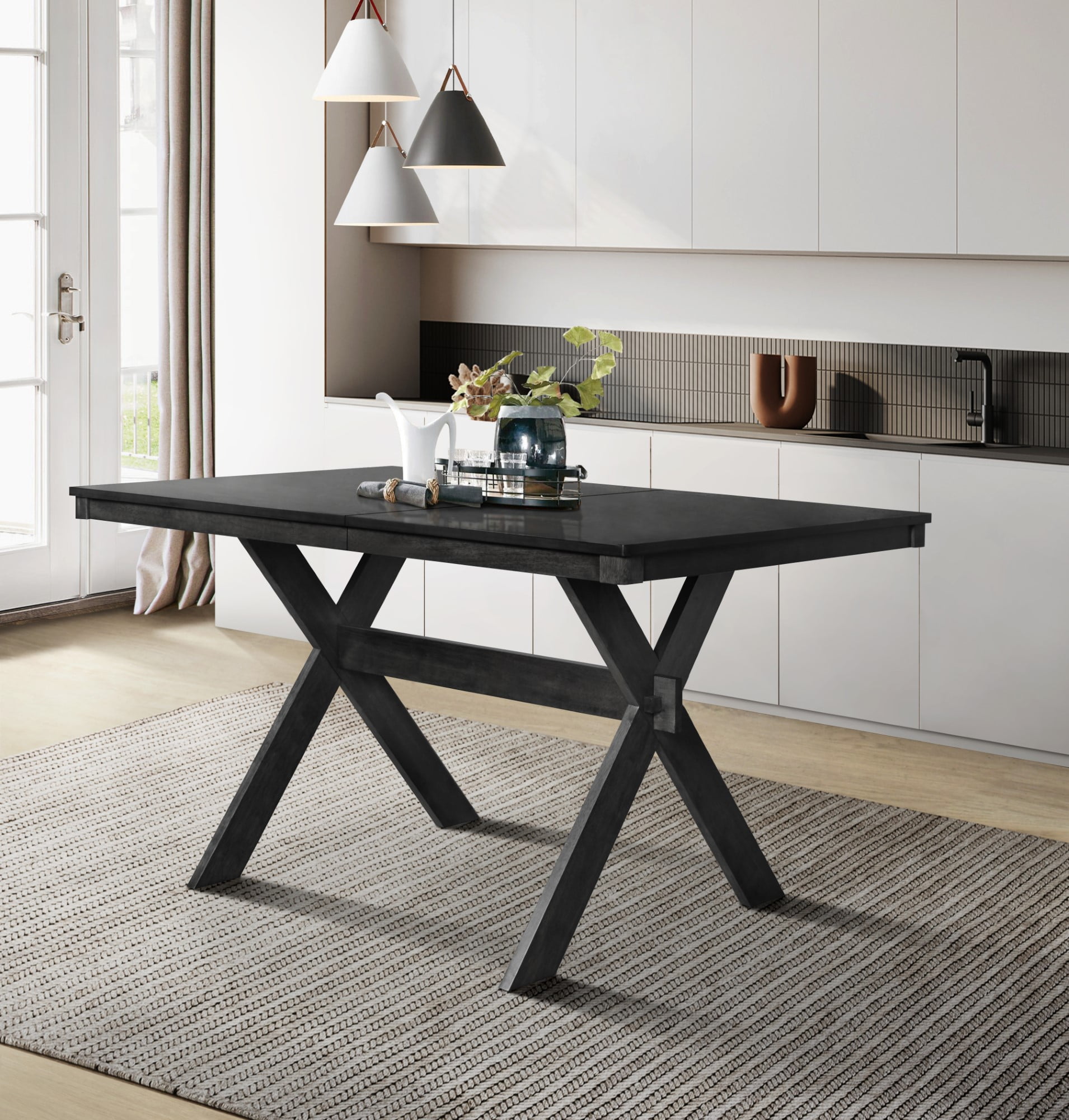 Home Design Oden Dining Table, Black, Rectangular top, Split-top design, X-shaped base, Natural woodgrain finish, Rustic-modern style, Sturdy construction, Durable and stylish