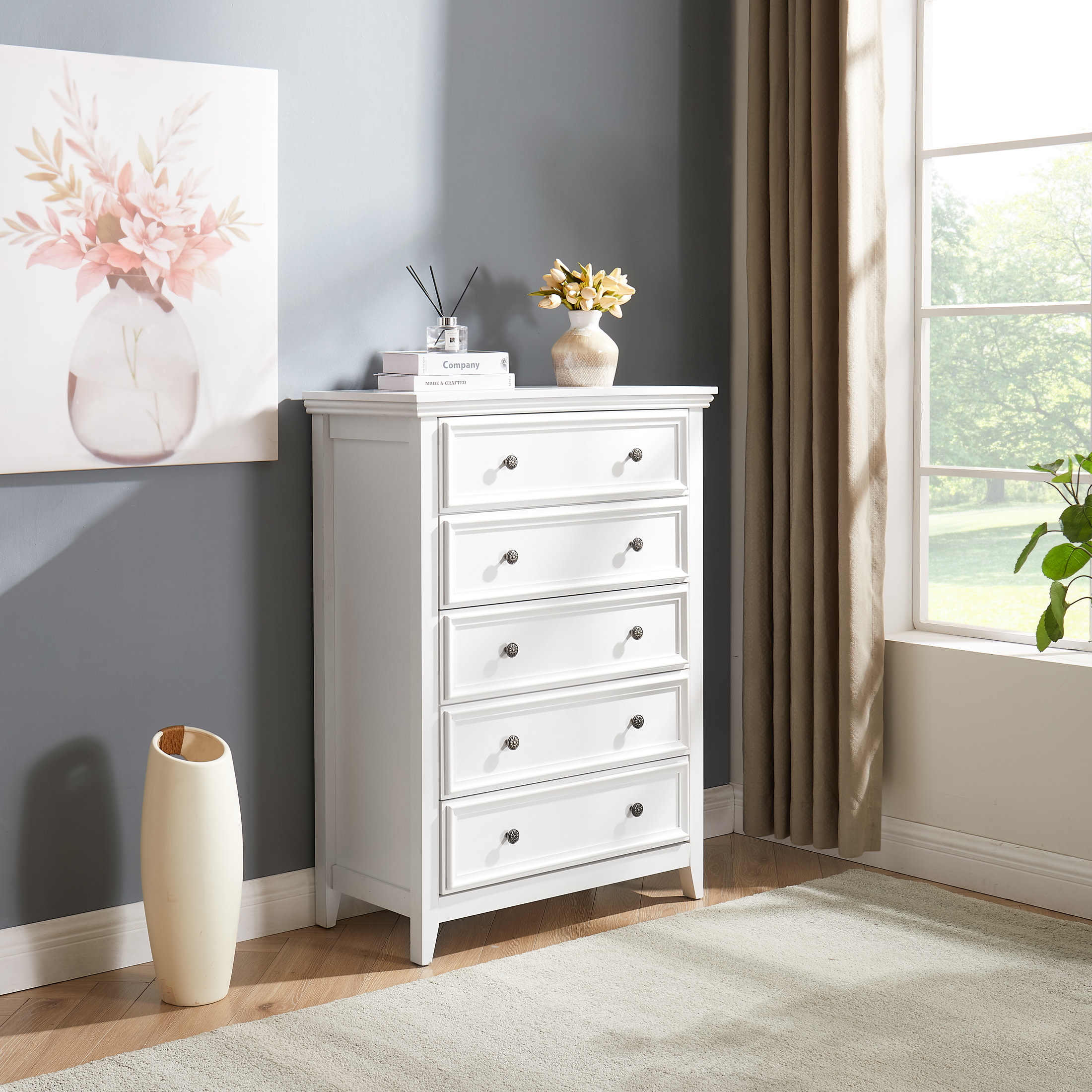 Noble House Eldune Modern Farmhouse 5-Drawer Dresser, Tall Clothes Storage Chest Organizer, for Living Room, White