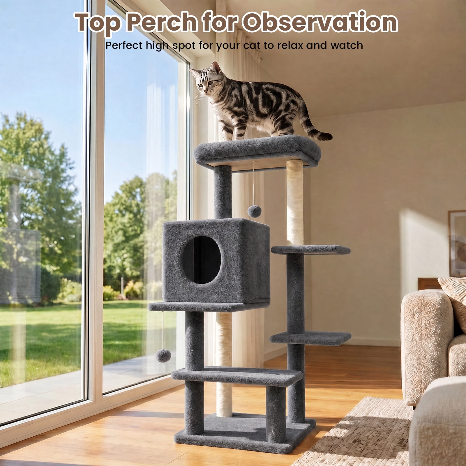 Sturdy 40-inch Cat Tree Tower with Cat Cave & Ramp Steps - Multi-Level Play & Sleep Center for Large Indoor Cats, Dark Gray