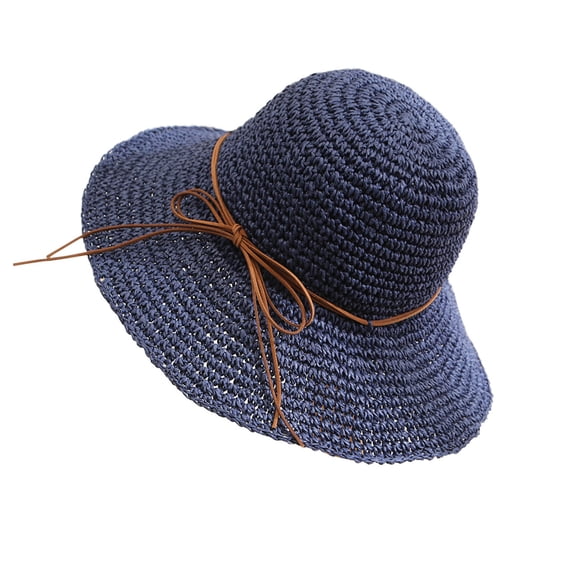Floleo Women's Bow Crochet Straw Sun Hat Foldable Wide Brim Beach Hat Uv Protection Summer Casual Cap Breathable Outdoor Vacation Fisherman Hat(Navy,Free Size)