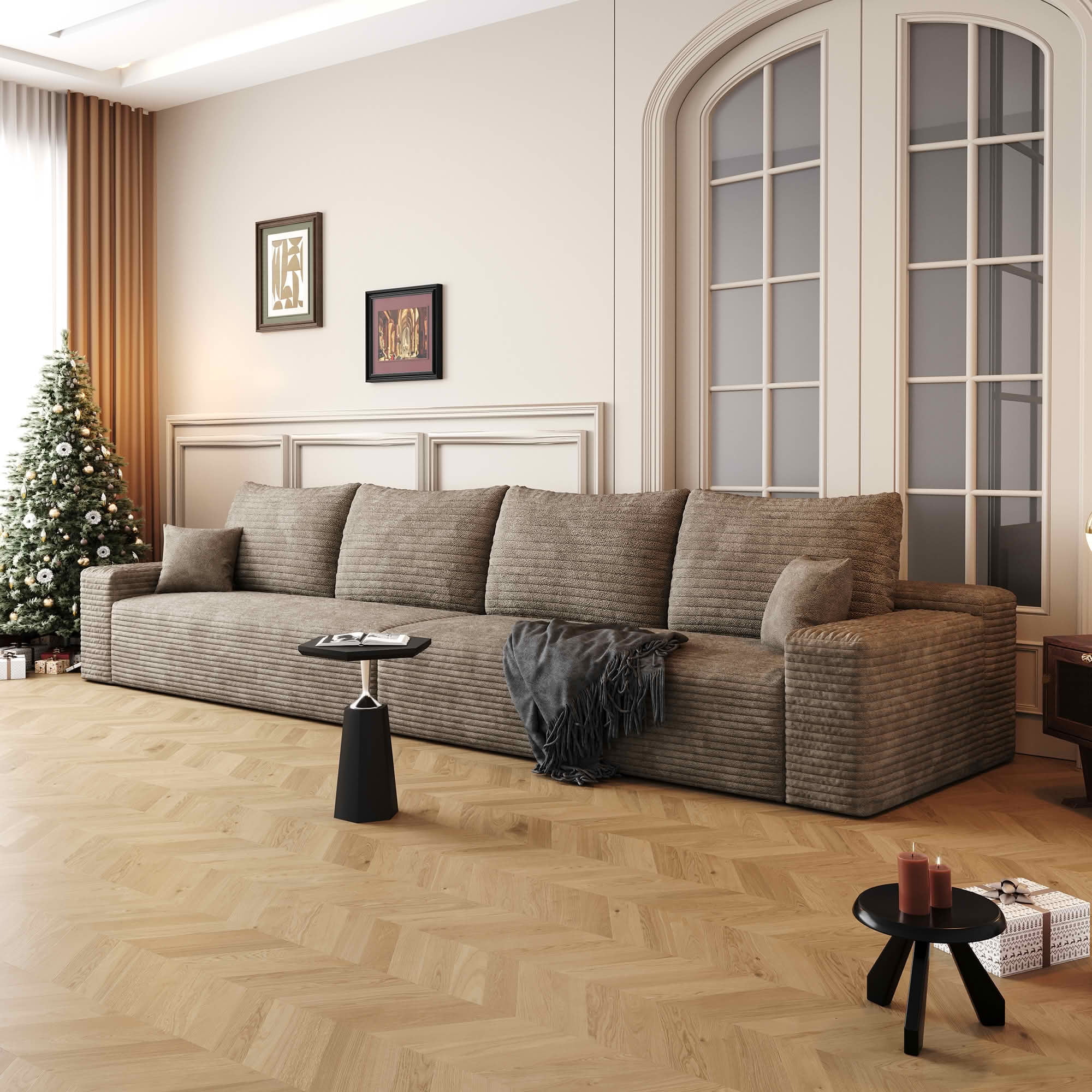 MAYEERTY 140" Cloud Sectional Couch, Deep Seat Modular Sofa, Plush Corduroy Fabric, No Assembly Required, Camel