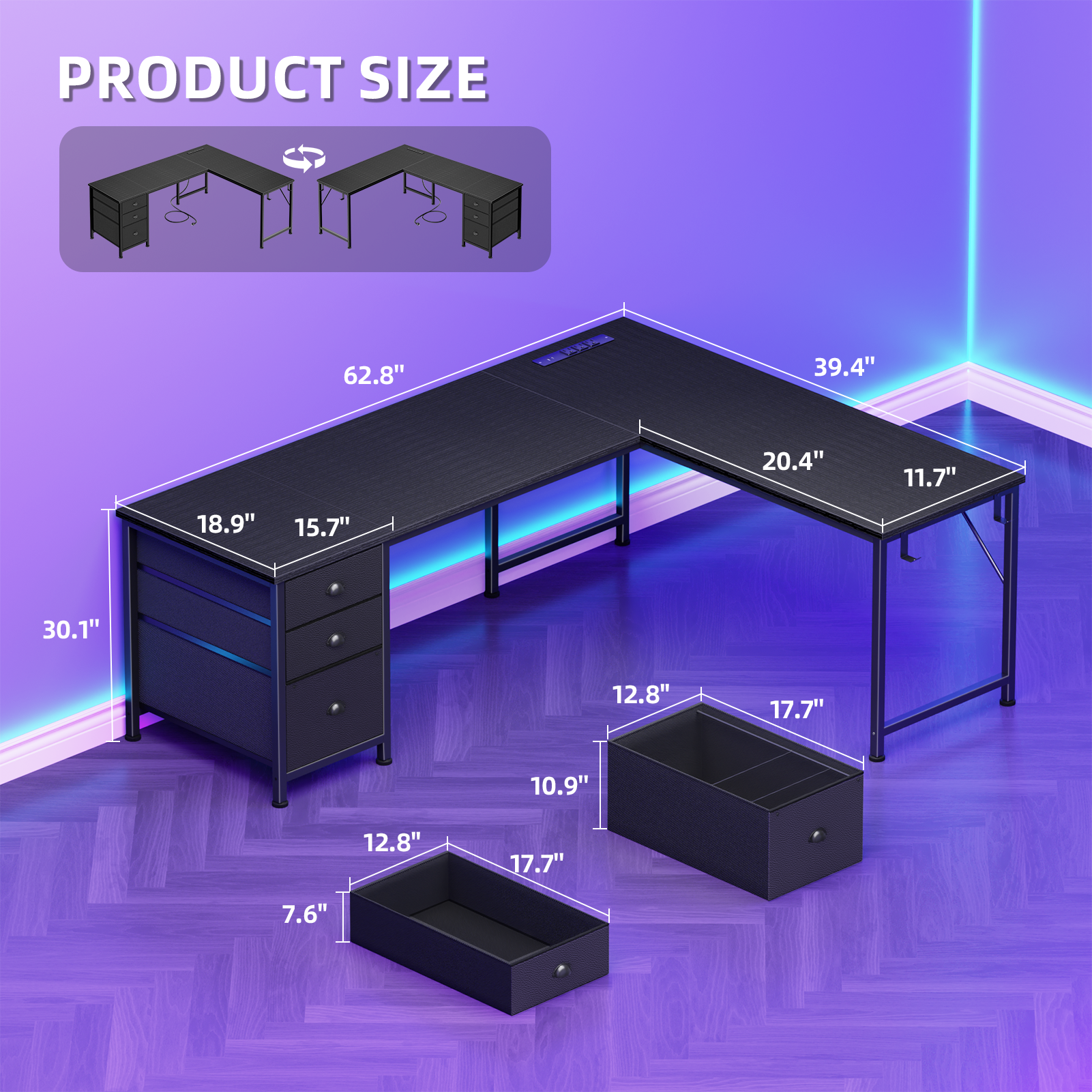 Satifur 63 Inch L-Shaped Corner Computer Desk, Black photo 3