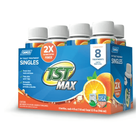 Camco TST MAX RV Toilet Treatment Singles - Septic Safe - Orange, 8 Count of 4-Ounce Bottles (41191)