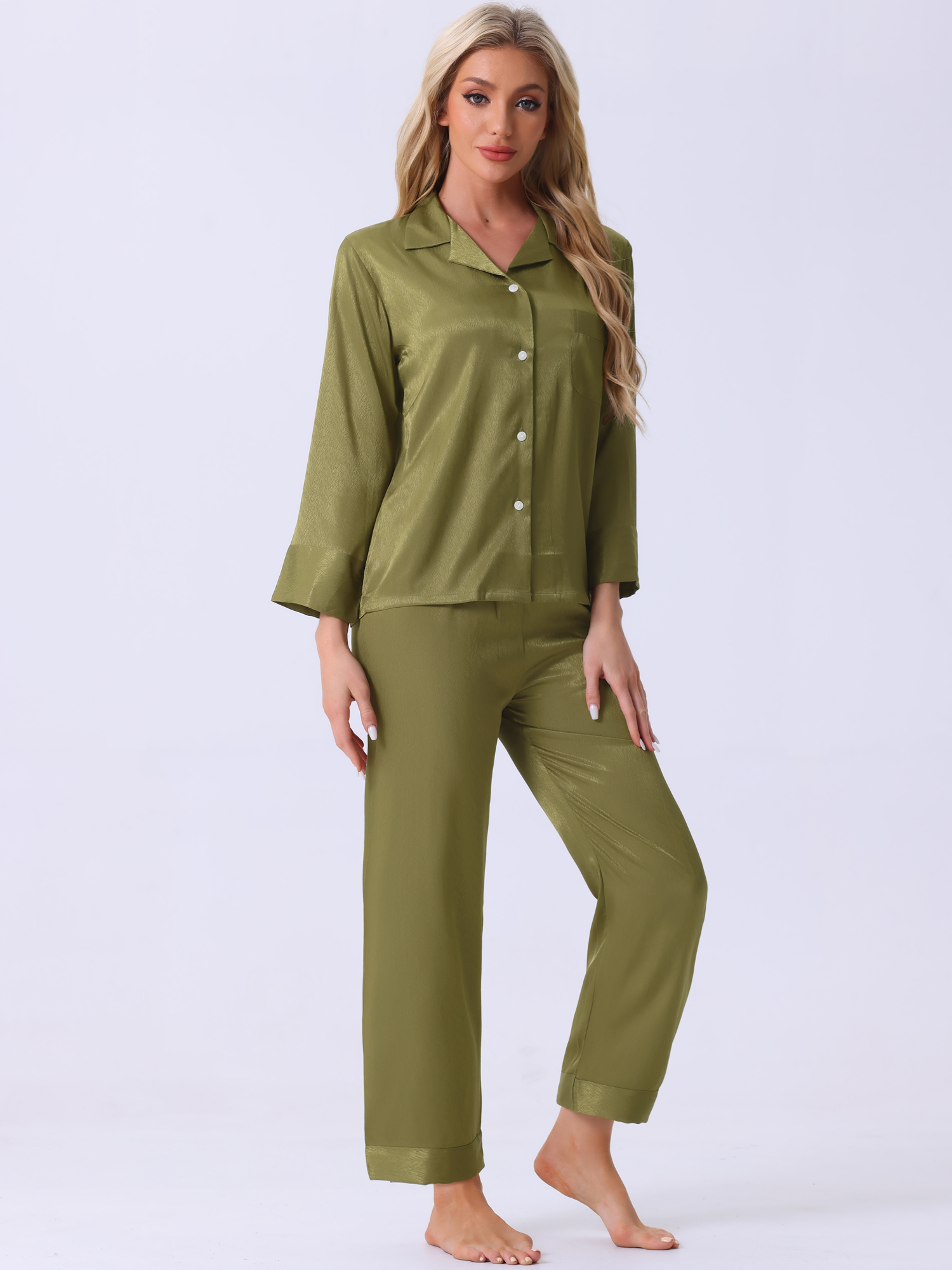 DARING DIVA Women's Satin Button Down Shirt with Pants Pajamas Sets XS Green