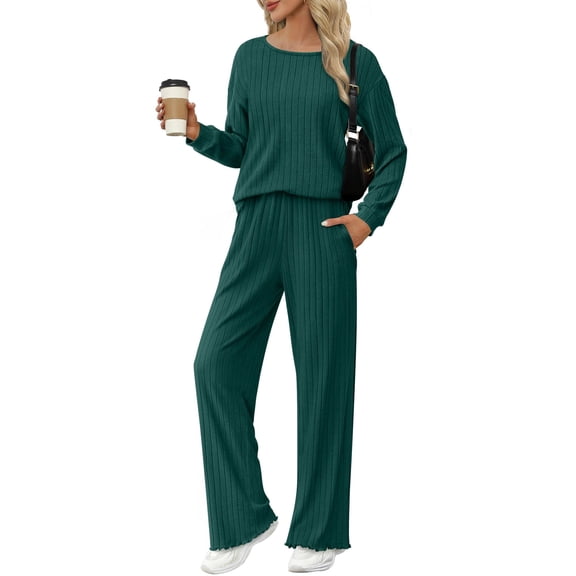 Ekouaer Lounge Sets for Women Comfy Ribbed Knit Pajamas Fall Long Sleeve Sleepwear 2 Piece Casual Loungewear