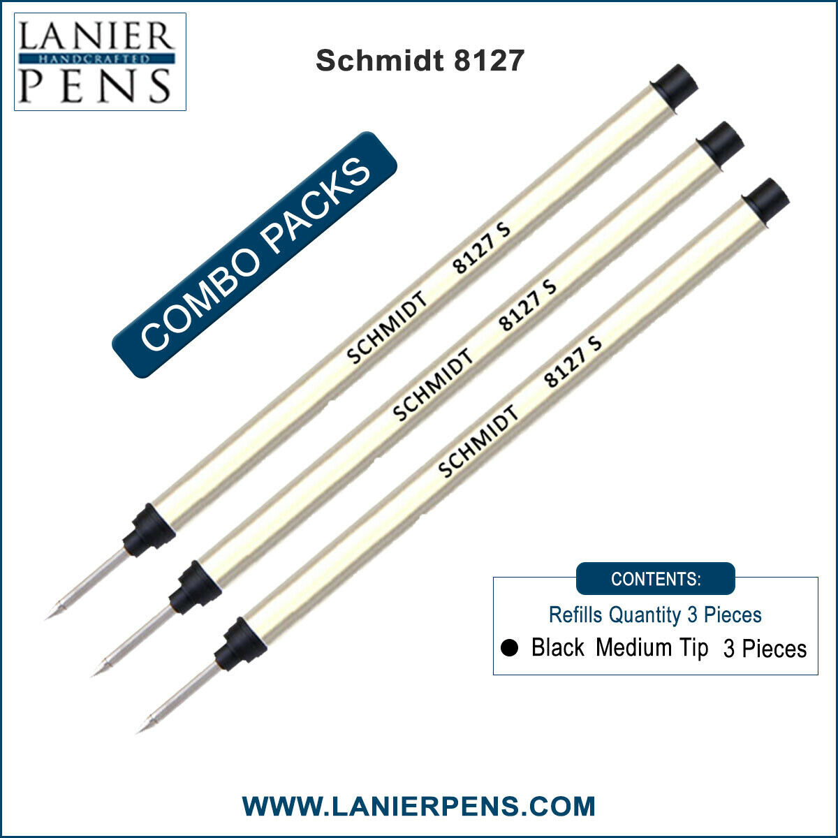 3X Schmidt 8127 S Capless System Rollerball Refill Black Ink Medium Tip