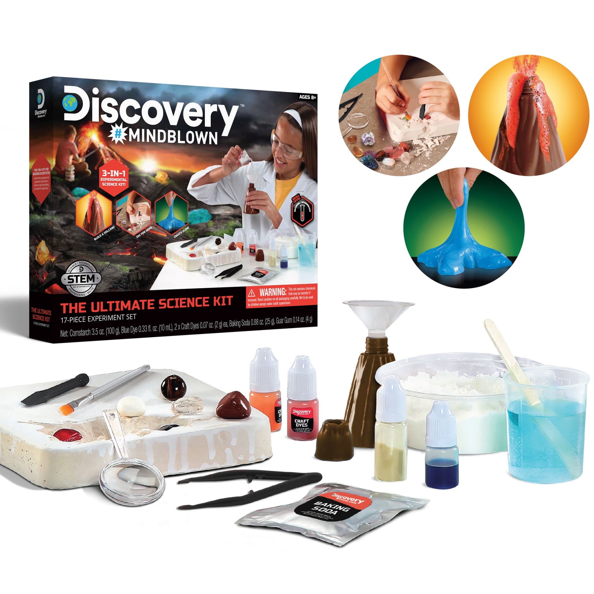 Discovery #Mindblown Ultimate Science Experiment 17 pc Kit, Perform 4 Experiments! Make Slime, Build a Volcano & Dig for Gems, Educational Toy for Children, Learn Chemistry & Excavation, Ages 8+