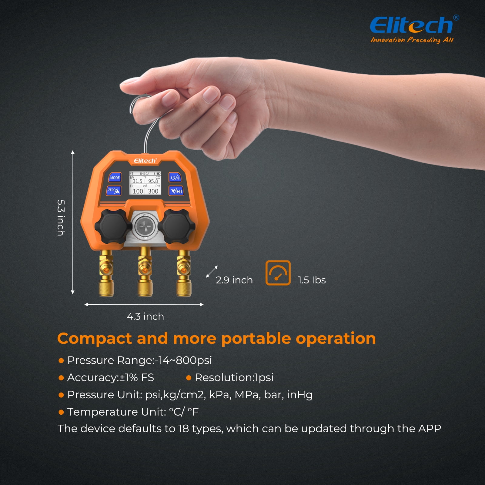 Elitech DMG-4B Digital Manifold Gauge, App Operated HVAC Gauges for Air Conditioning Systems and Heat Pumps, A/C Diagnostic Manifold Gauge