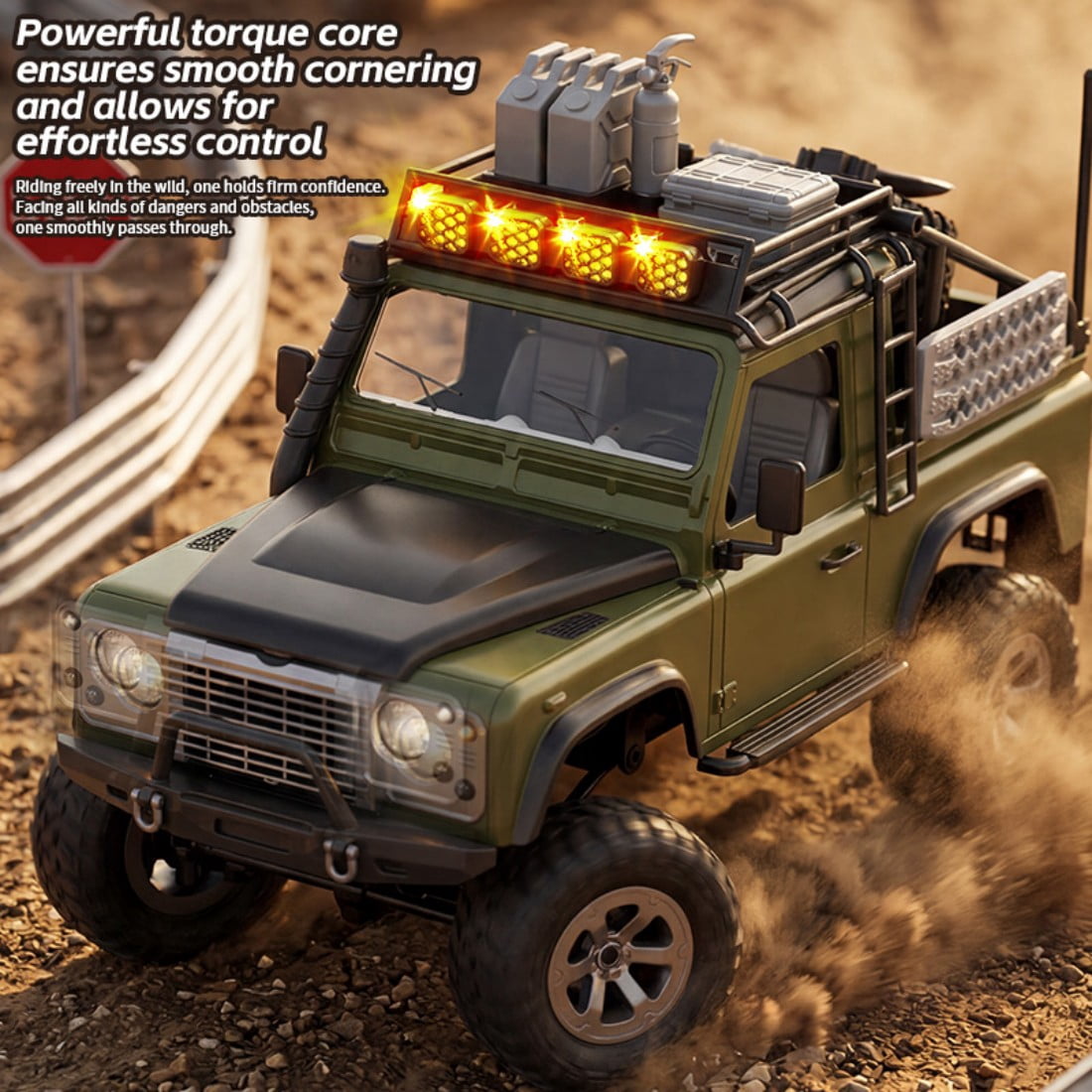 KF90 1/12 Scale 4WD RC Rock Crawler, 2.4GHz Full Proportional Off-Road Truck with Adjustable LED Lights & 60-Min Runtime, Splash Resistant, Green RC Car for Adults