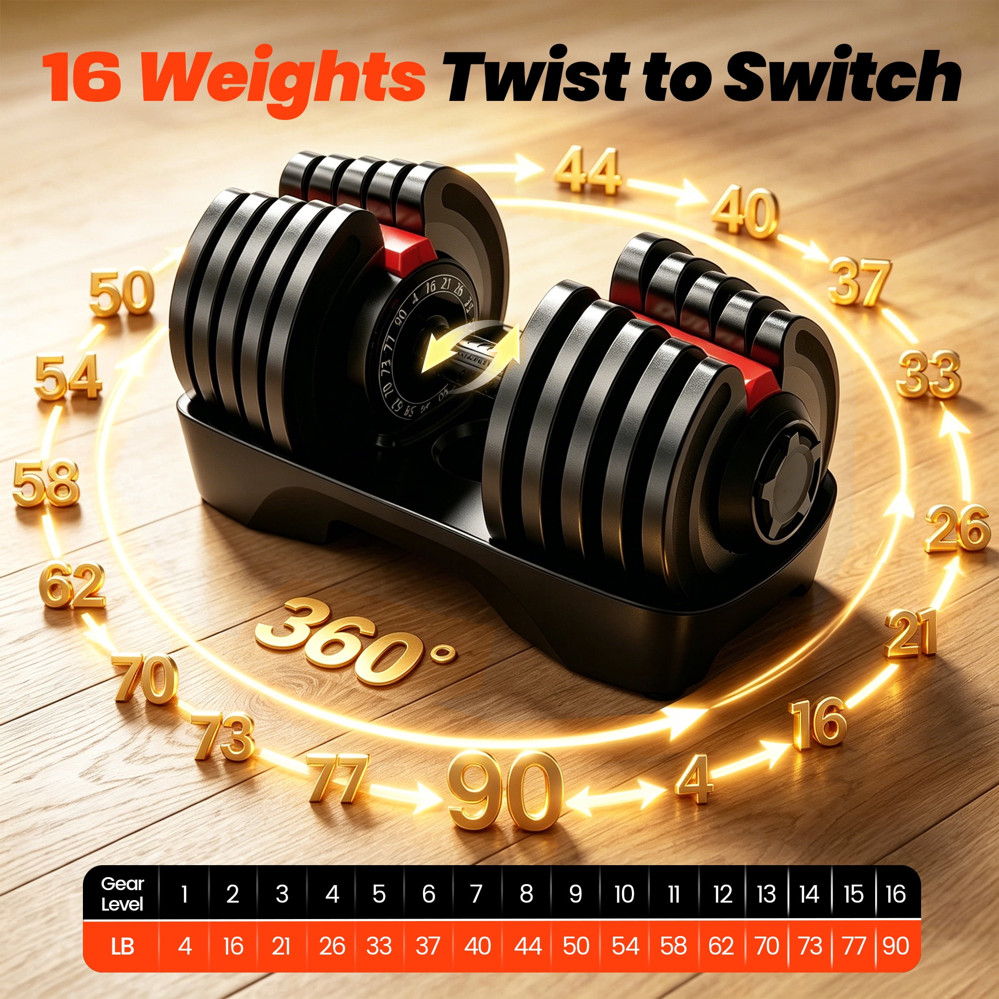 Adjustable Dumbbell 4 to 90 LBS, 16-in-1 Free Weight Adjustable Dumbbell, Quick-Adjust Dumbbell with Auto Safety Lock, Space-Saving Design, Home Gym Strength Training Equipment Men & Women