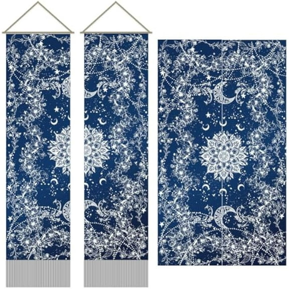 2Pcs Blue Mandala Tapestry Bohemian Floral Long Vertical Tapestry Wall Hanging Indian Mandala Tassel Wall Tapestry Mystic Aesthetic Tapestry for Bedroom and Living Room(45.7x13 Inch)