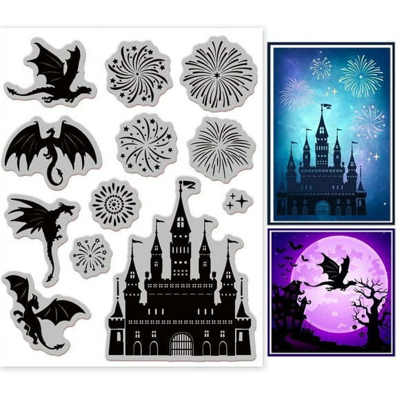 1pc Vintage Castle Dragon Cling Rubber Stamp 7.09x8.66inch Castle Firework Clear Stamps Embossing Stamp Seal for DIY Scrapbooking and Card Making Paper Craft Decor