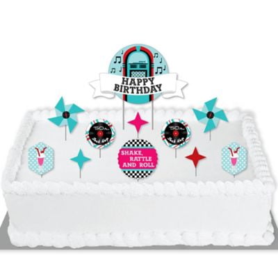 50's Sock Hop - 1950s Rock N Roll Birthday Party Cake Decorating Kit - Happy Birthday Cake Topper Set - 11 Pieces