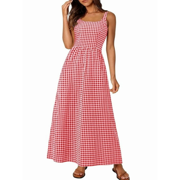 Women'S 2025 Summer Spaghetti Strap Plaid Square Neck A Line Casual Beach Vacation Long Maxi Dresses Light Blue S