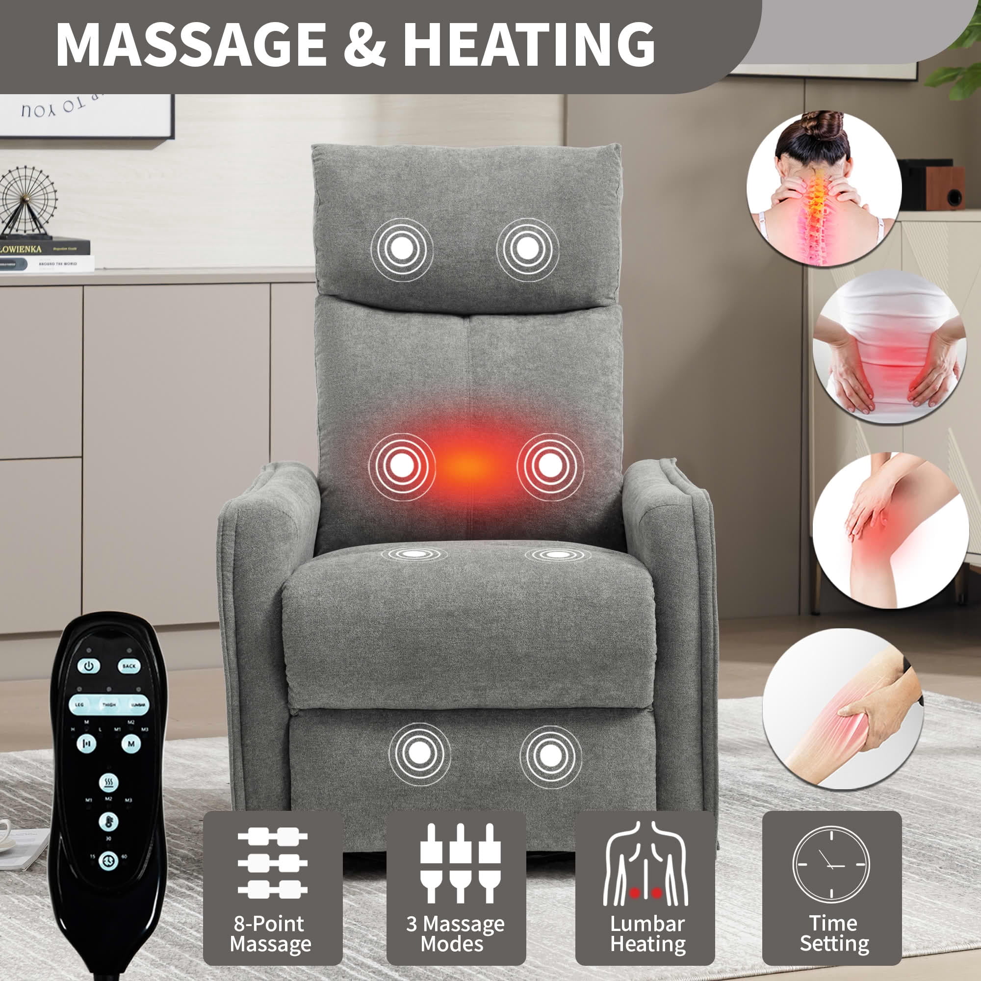 MAYEERTY Beige Faux Leather Heat Massage Recliner Chair, 360° Swivel Rocker 26"x35"x39" for Living Room